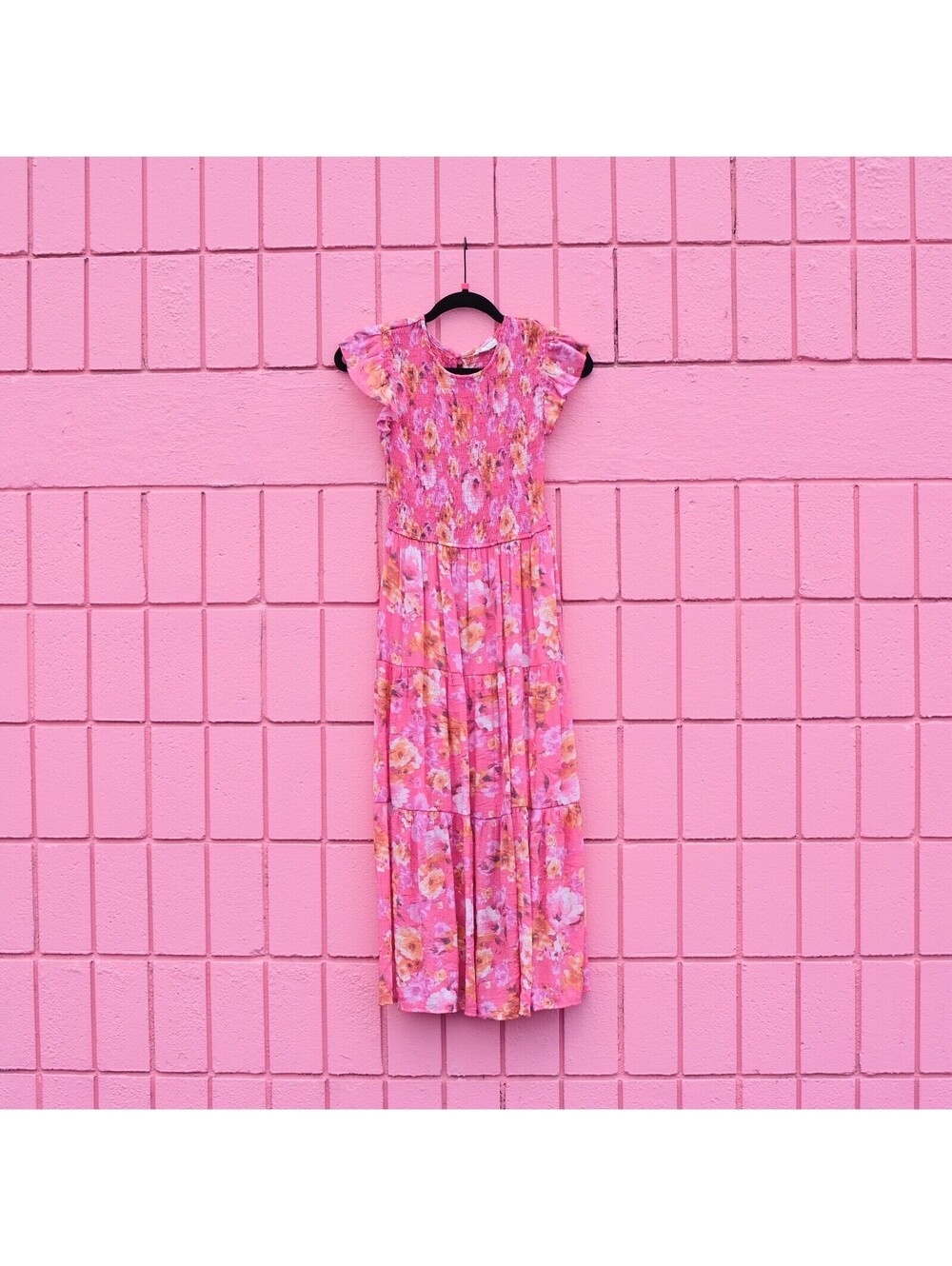 #200 S By The River Fuchsia Pink Orange Floral Smocked Ruffle Maxi Dress